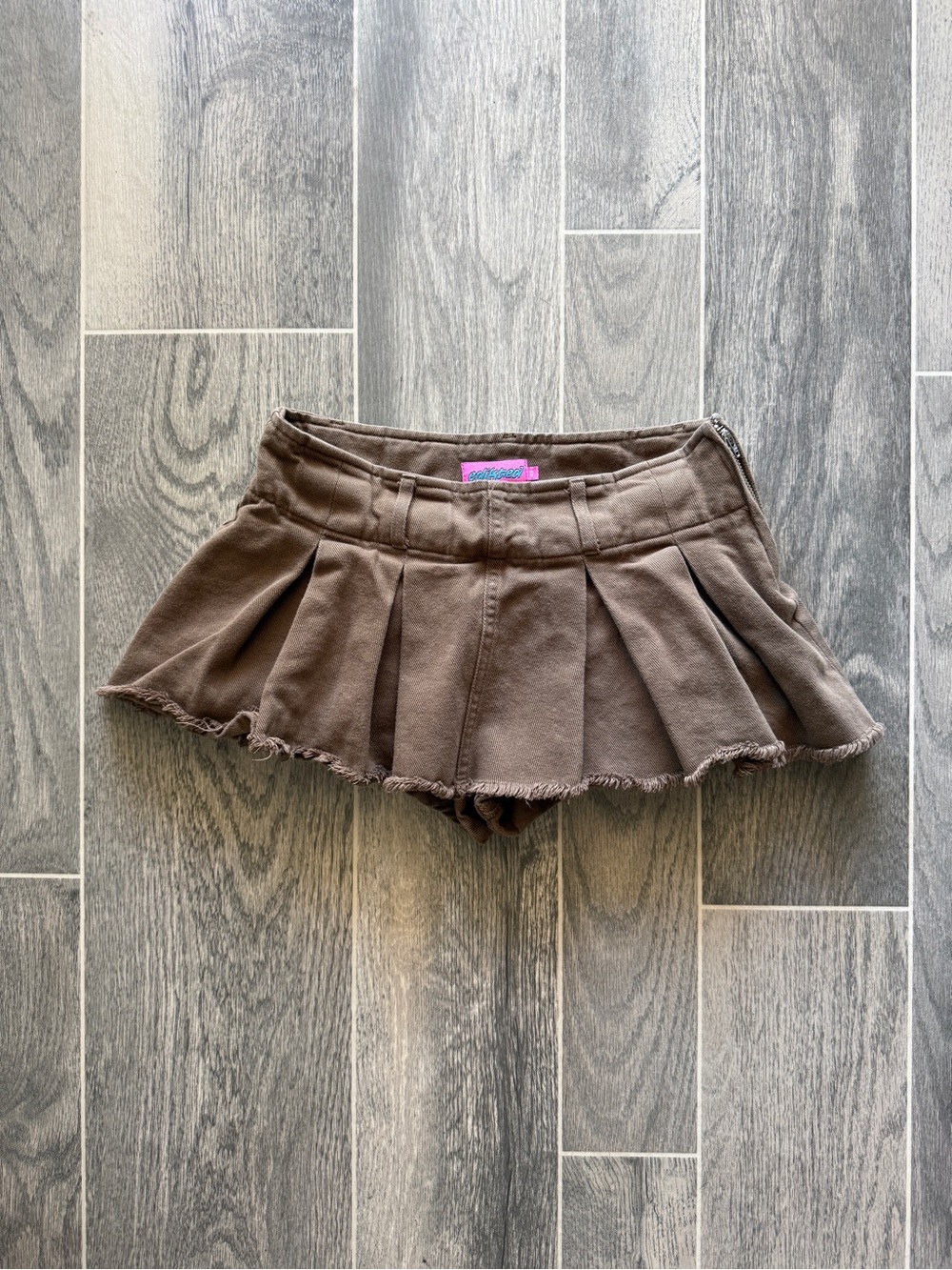 edikted Brown Pleated Mini Skirt with Frayed Hem